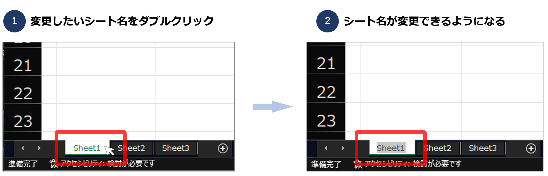 Excelのシート名を変更するにはダブルクリックをする 