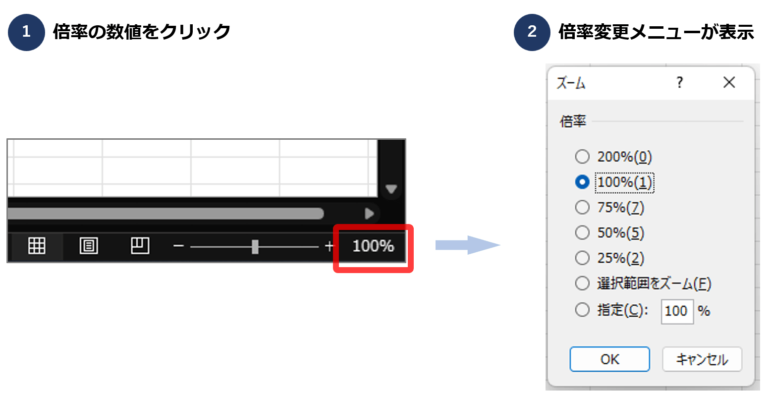 Excelの倍率の値をクリックすると倍率変更ができるようになる