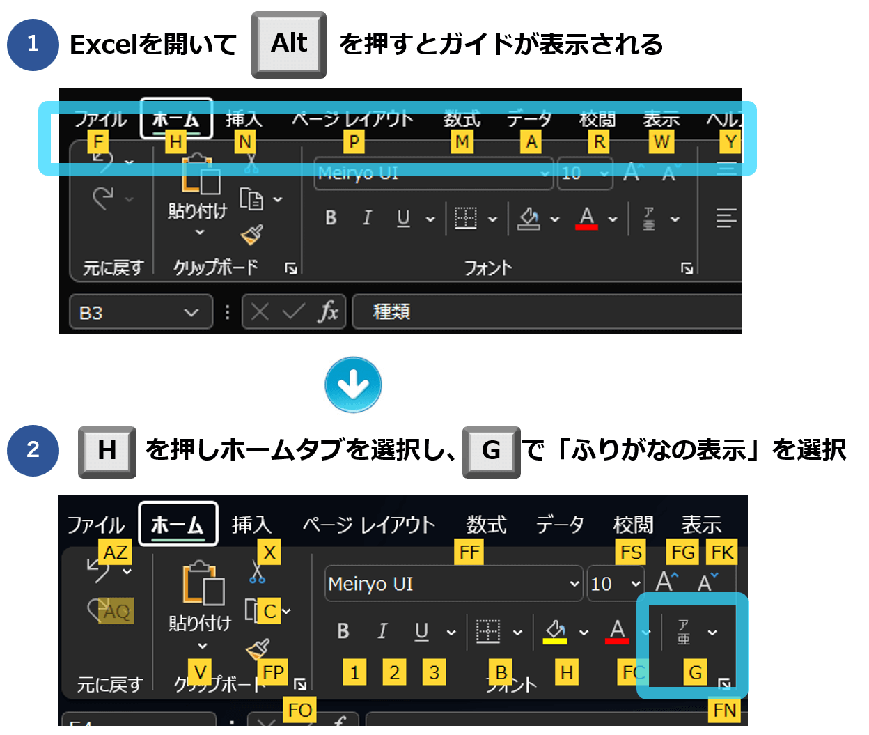 Excelで文字の上にふりがなをつけるショートカット